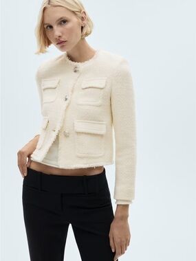 Mango Pocket Tweed Jacket In Ecru, M
